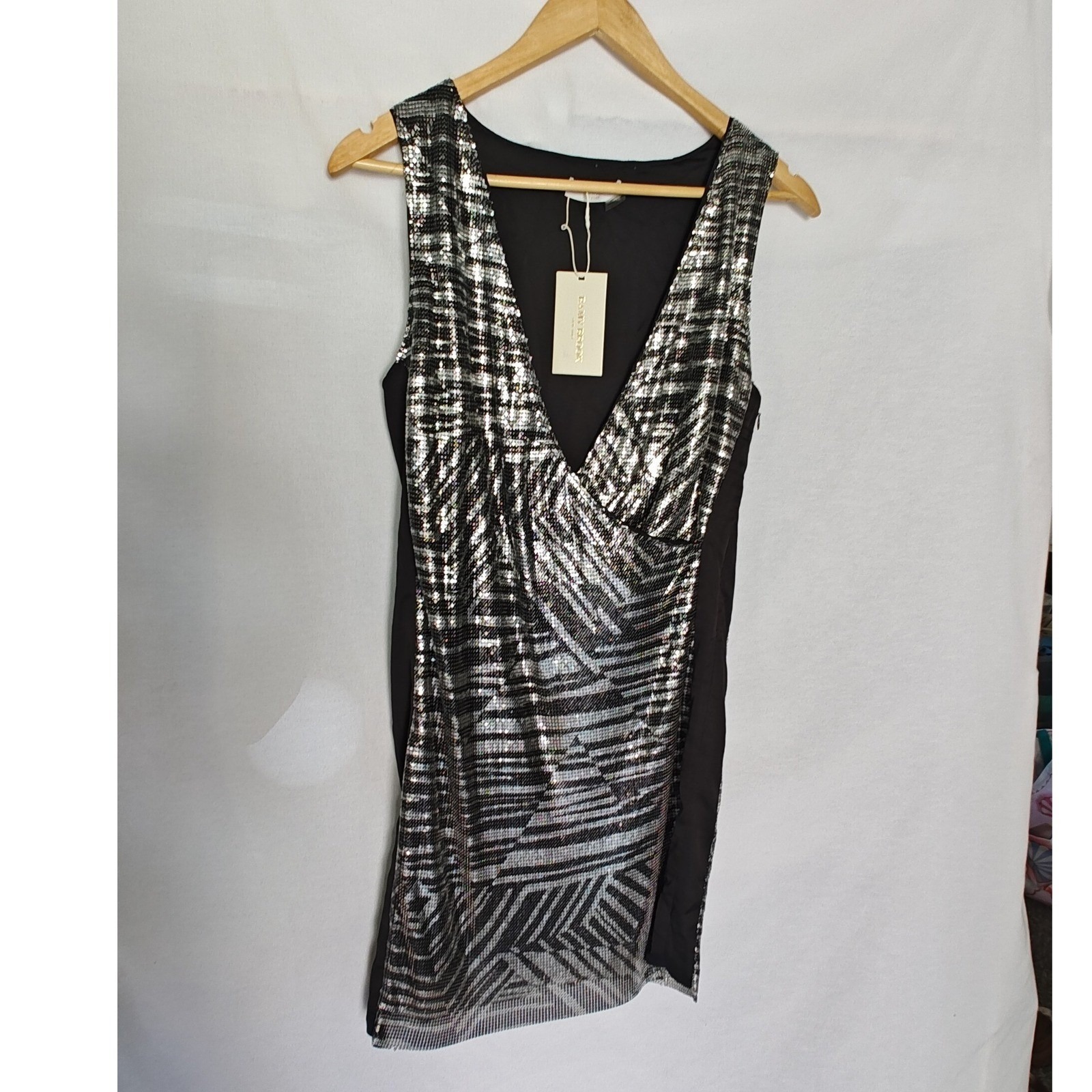 Ramy Brook Dress Printed Lola Black Silver Wrap Mini 0 Metal Relaxed Deep V New — image 5 of 8